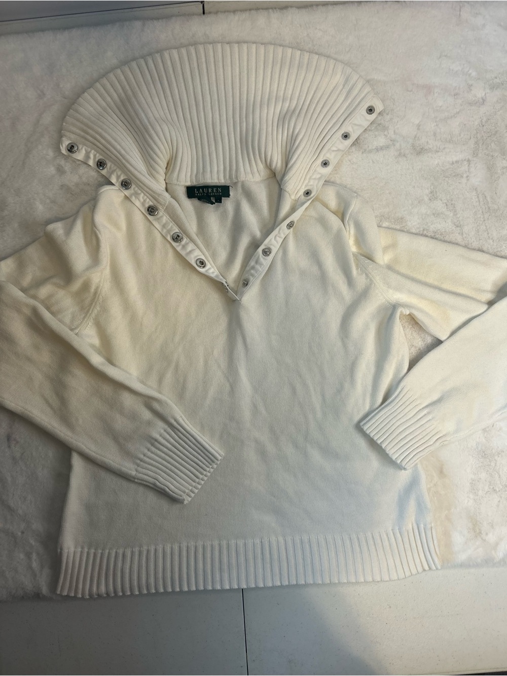 Ralph Lauren White Cotton Convertible snap turtleneck sweater Women’s Large - Picture 13 of 14
